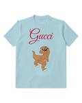 Sky Blue Brown Dinosaur Raised Foot Graphic T-Shirt - front product view
