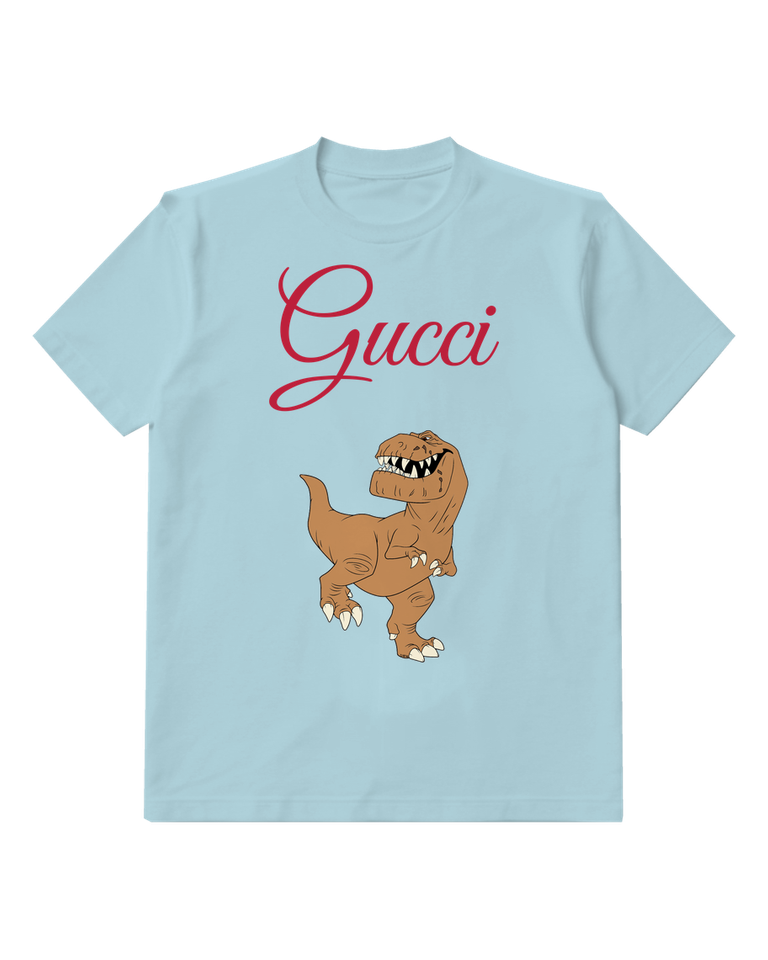 Sky Blue Brown Dinosaur Raised Foot Graphic T-Shirt - front product view