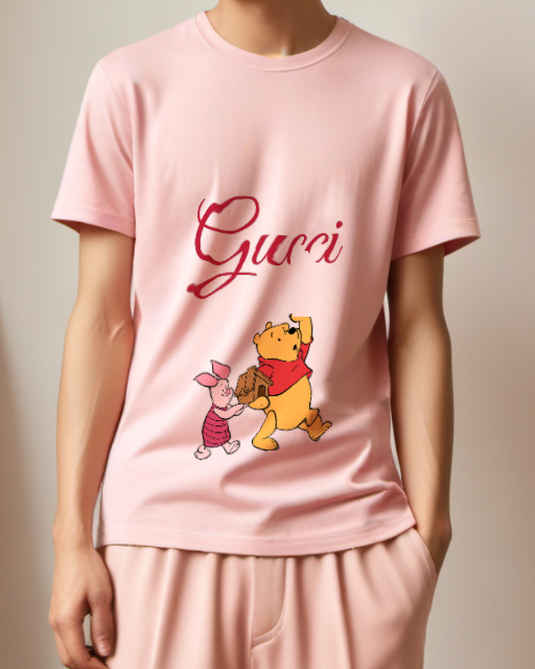 Blush Pink Winnie The Pooh Carrying Birdhouse With Piglet Graphic T-Shirt - model wearing view