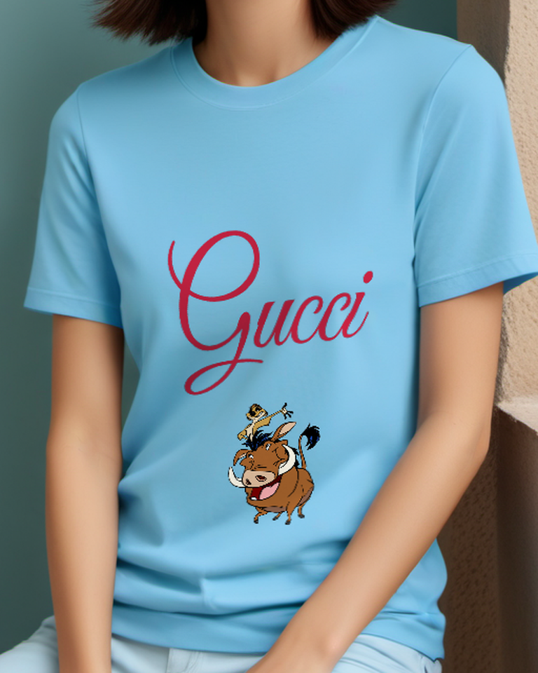 Sky Blue Timon Atop Pumbaa Both Smiling Graphic T-Shirt - model wearing view