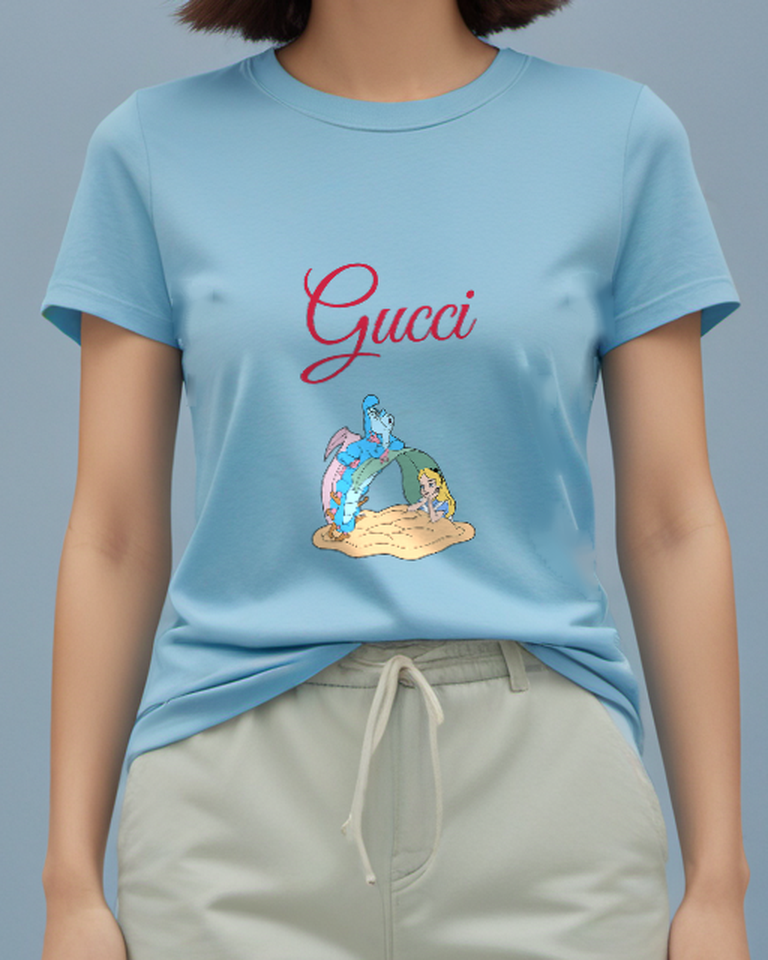 Sky Blue Blue Caterpillar Sitting Atop Leaf Alice Below Graphic T-Shirt - model wearing view