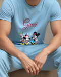 Sky Blue Mickey Mouse Holding Gift Dancing Graphic T-Shirt - model wearing view