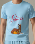 Sky Blue Doe Resting With Bambi And A Rabbit Graphic T-Shirt - model wearing view