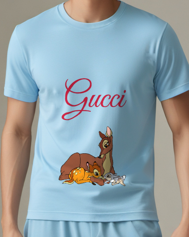 Sky Blue Doe Resting With Bambi And A Rabbit Graphic T-Shirt - model wearing view