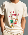 White March Hare Holding Teacup Mad Hatter Smiling Graphic T-Shirt - model wearing view