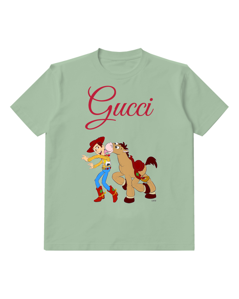 Sage Green Toy Cowboy And Horse In Playful Chase Graphic T-Shirt - front product view