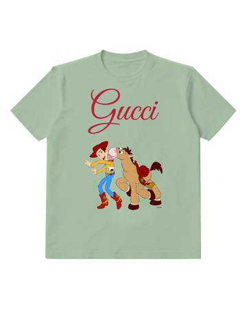 Sage Green Toy Cowboy And Horse In Playful Chase Graphic T-Shirt - front product view