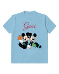 Sky Blue Mickey And Minnie Sitting Together Graphic T-Shirt - front product view