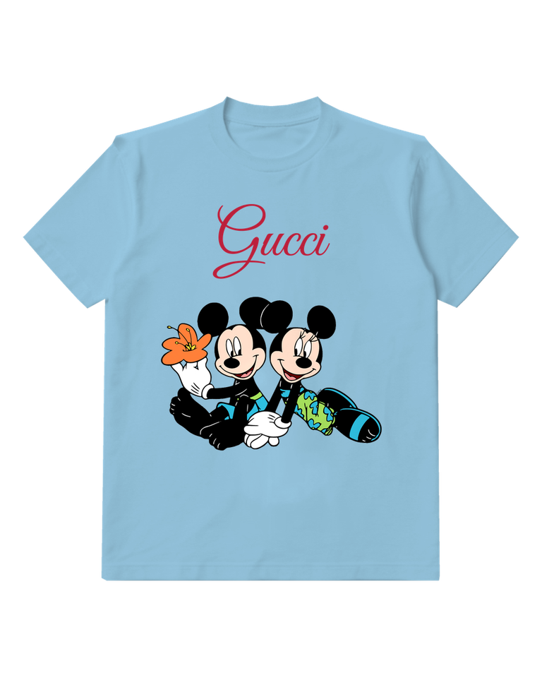 Sky Blue Mickey And Minnie Sitting Together Graphic T-Shirt - front product view
