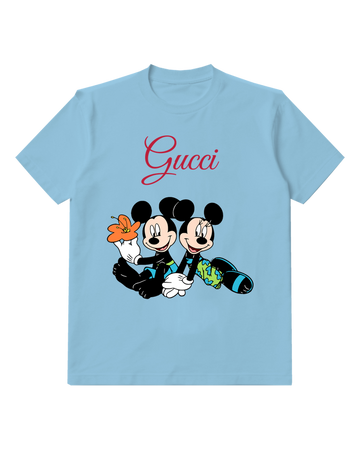 Sky Blue Mickey And Minnie Sitting Together Graphic T-Shirt - front product view