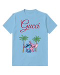 Sky Blue Stitch And Angel Hugging Under Palms Graphic T-Shirt - front product view