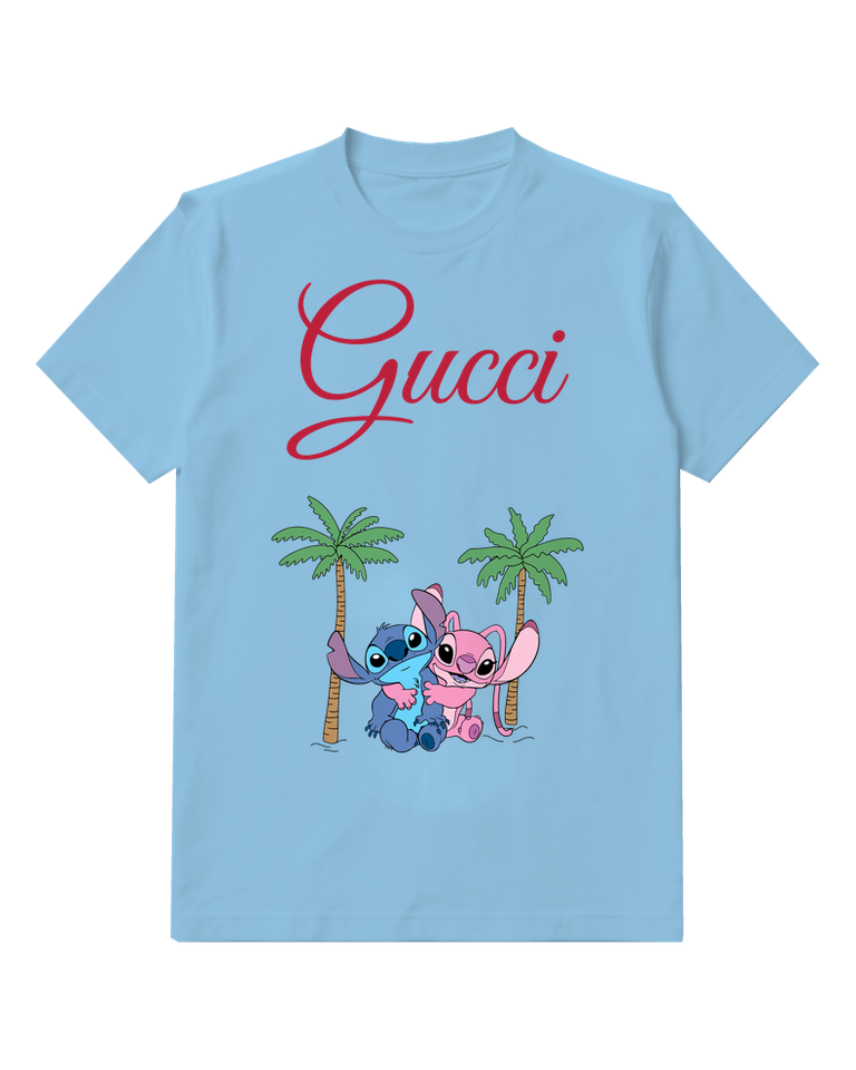 Sky Blue Stitch And Angel Hugging Under Palms Graphic T-Shirt - front product view