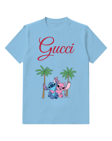 Sky Blue Stitch And Angel Hugging Under Palms Graphic T-Shirt - front product view