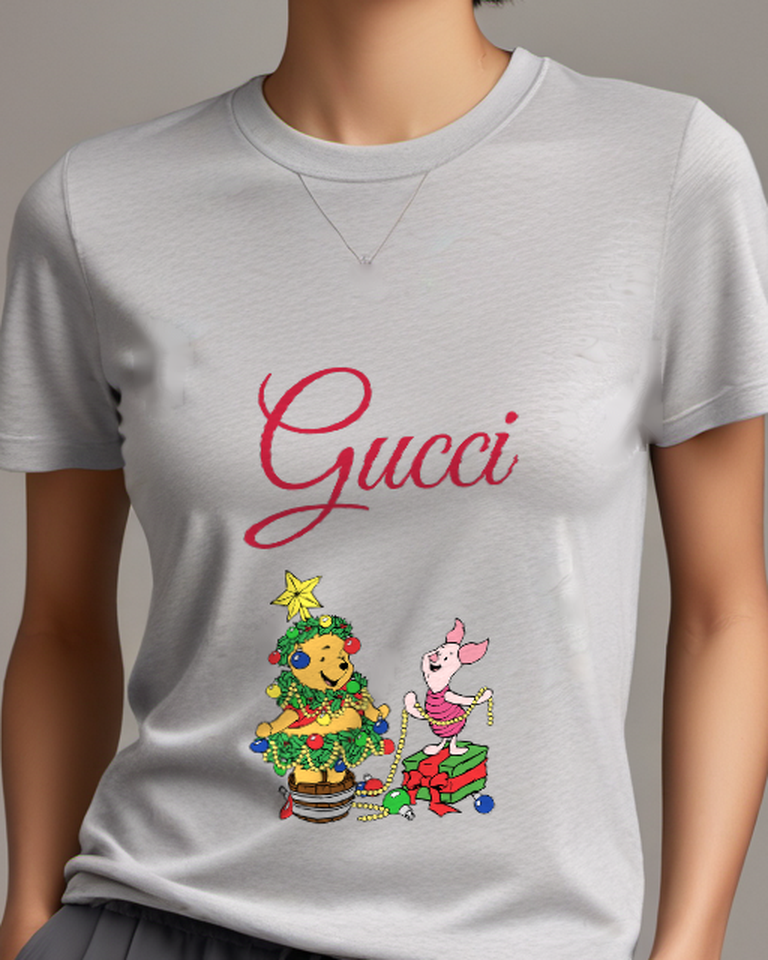 Light Gray Pooh And Piglet Decorating Christmas Tree Graphic T-Shirt - model wearing view