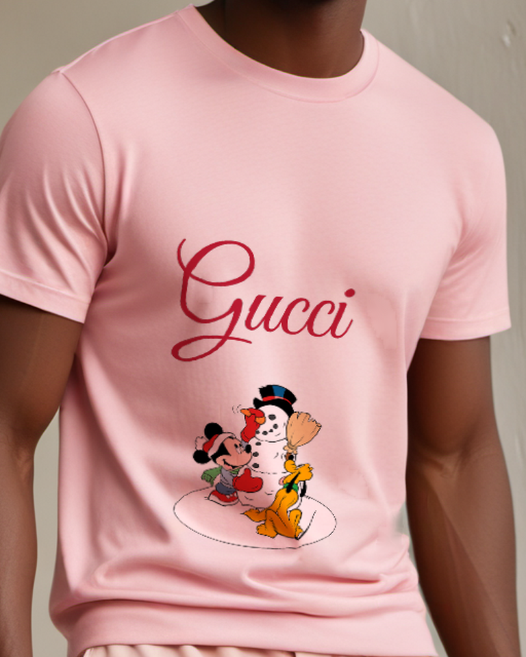 Blush Pink Mickey And Pluto Building Snowman Graphic T-Shirt - model wearing view