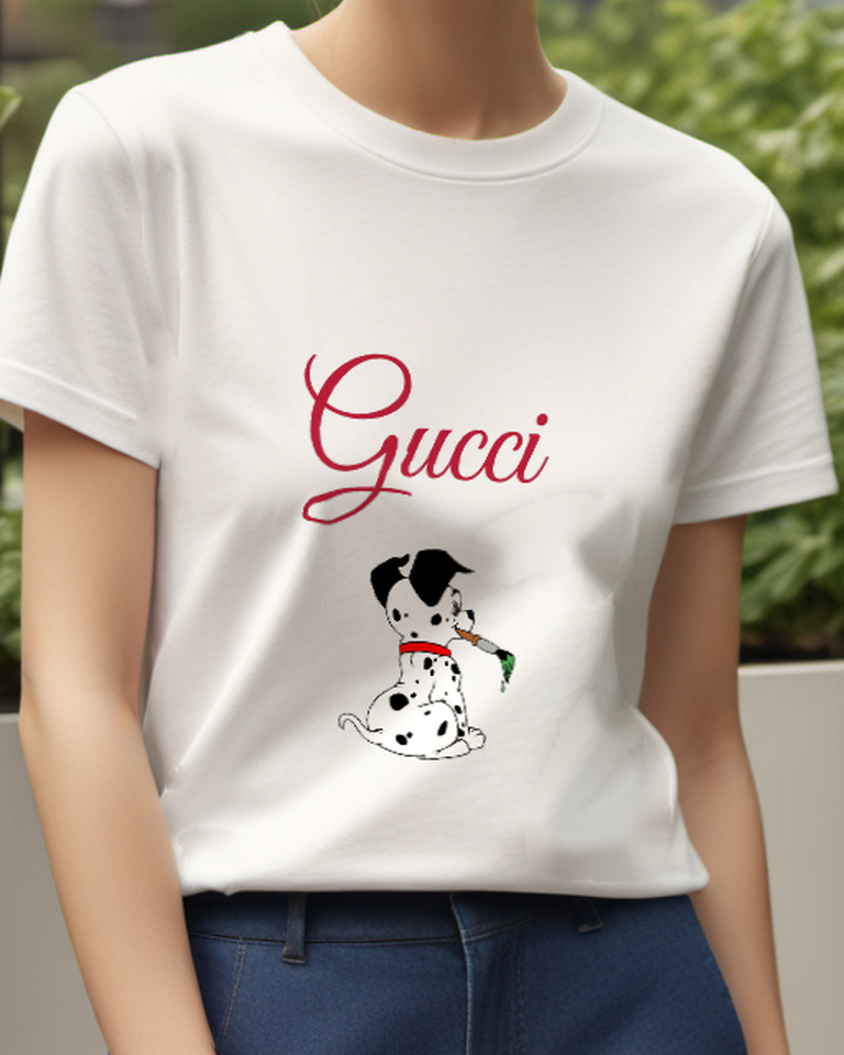 White Spotted Puppy Green Collar Graphic T-Shirt - model wearing view