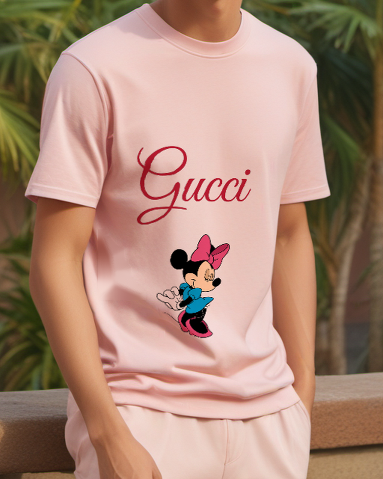 Blush Pink Mouse Blue Skirt Side Turn Graphic T-Shirt - model wearing view