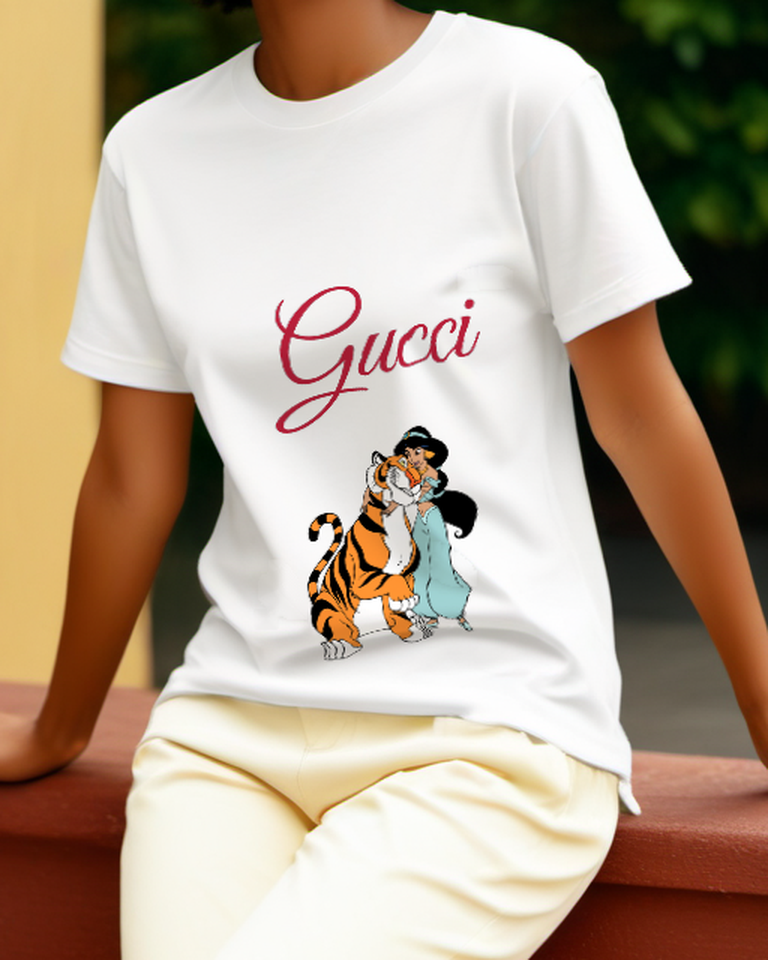 White Jasmine Hugging Tiger In Embrace Graphic T-Shirt - model wearing view