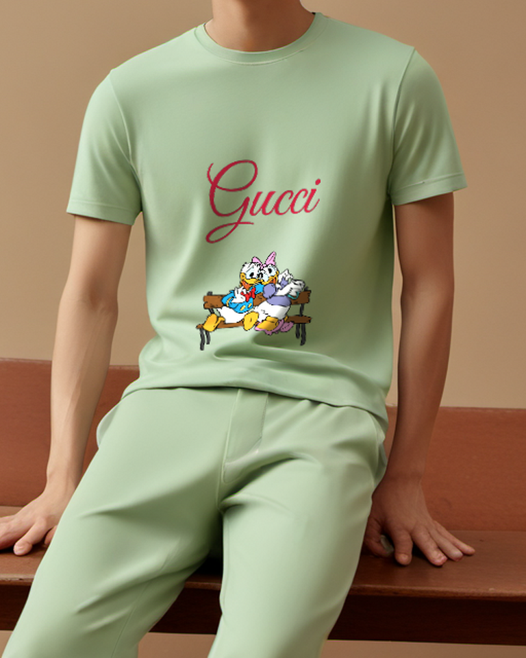 Sage Green Donald And Daisy On Wooden Bench Graphic T-Shirt - model wearing view