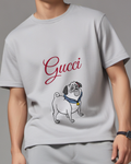 Light Gray Pug Standing Side Turn Graphic T-Shirt - model wearing view