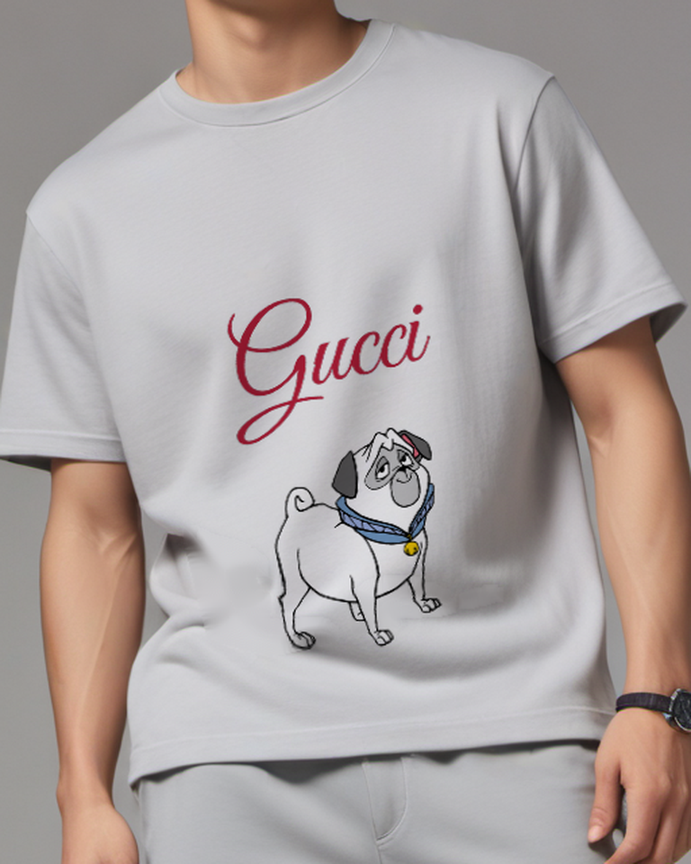 Light Gray Pug Standing Side Turn Graphic T-Shirt - model wearing view