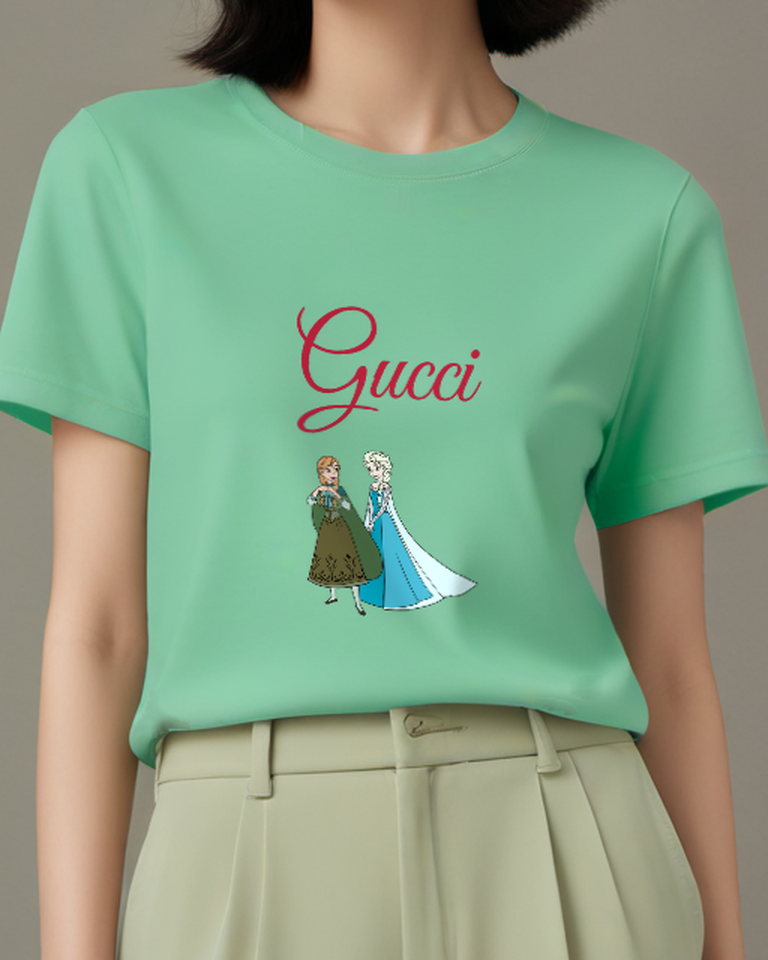 Sage Green Anna And Elsa Standing Side By Side Graphic T-Shirt - model wearing view
