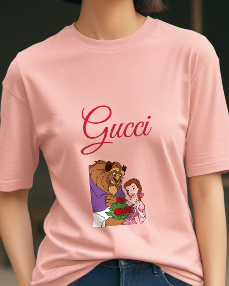Blush Pink Beast Holds Roses For Belle Graphic T-Shirt - model wearing view