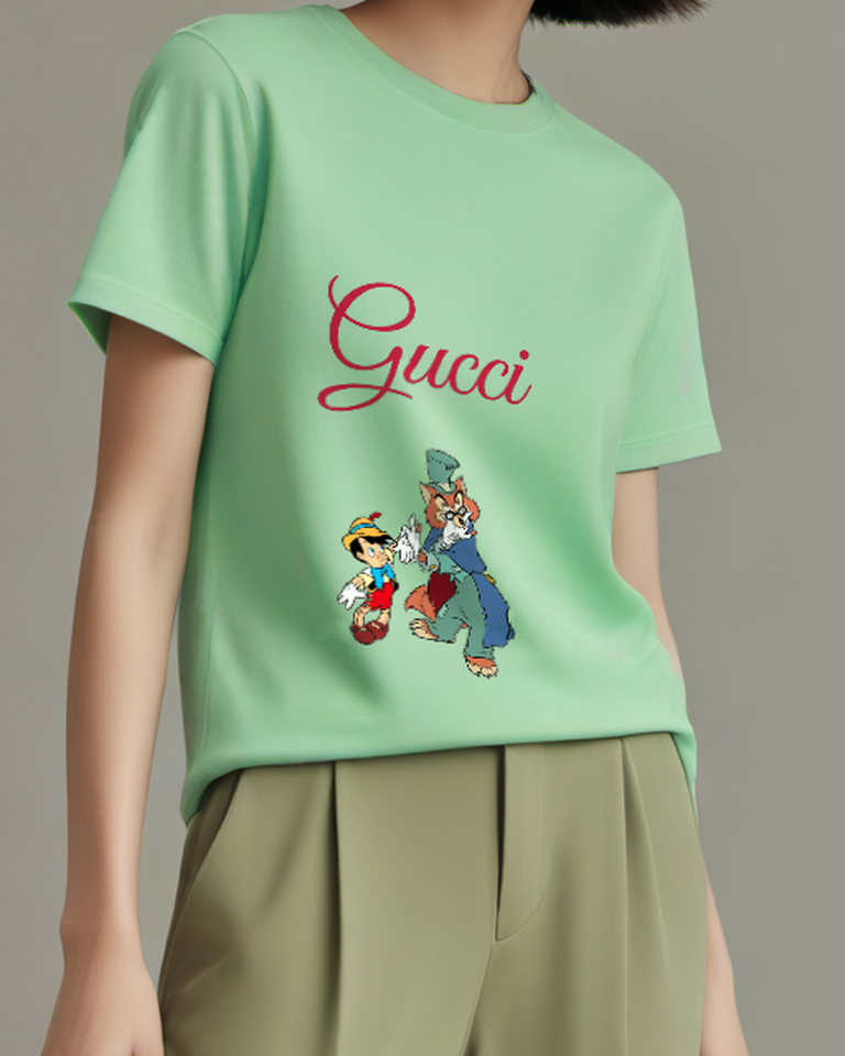 Sage Green Pinocchio And Fox Like Villain Graphic T-Shirt - model wearing view