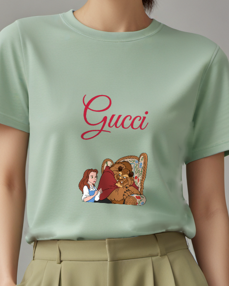 Sage Green Belle And Beast In Ornate Chair Graphic T-Shirt - model wearing view