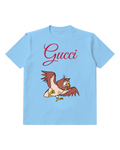 Sky Blue Little Brown Owl Flying Graphic T-Shirt - front product view