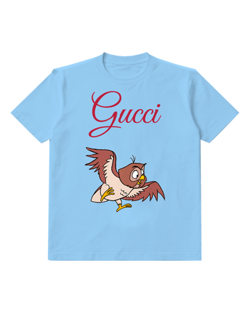 Sky Blue Little Brown Owl Flying Graphic T-Shirt - front product view