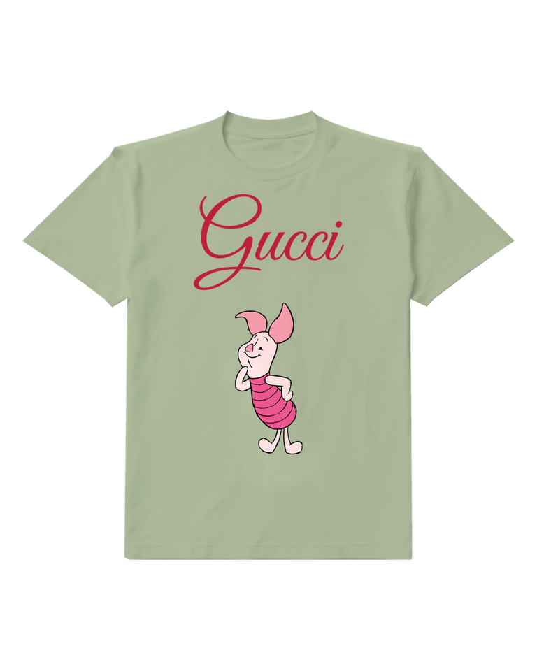 Olive Green Piglet Upright Smile Graphic T-Shirt - front product view