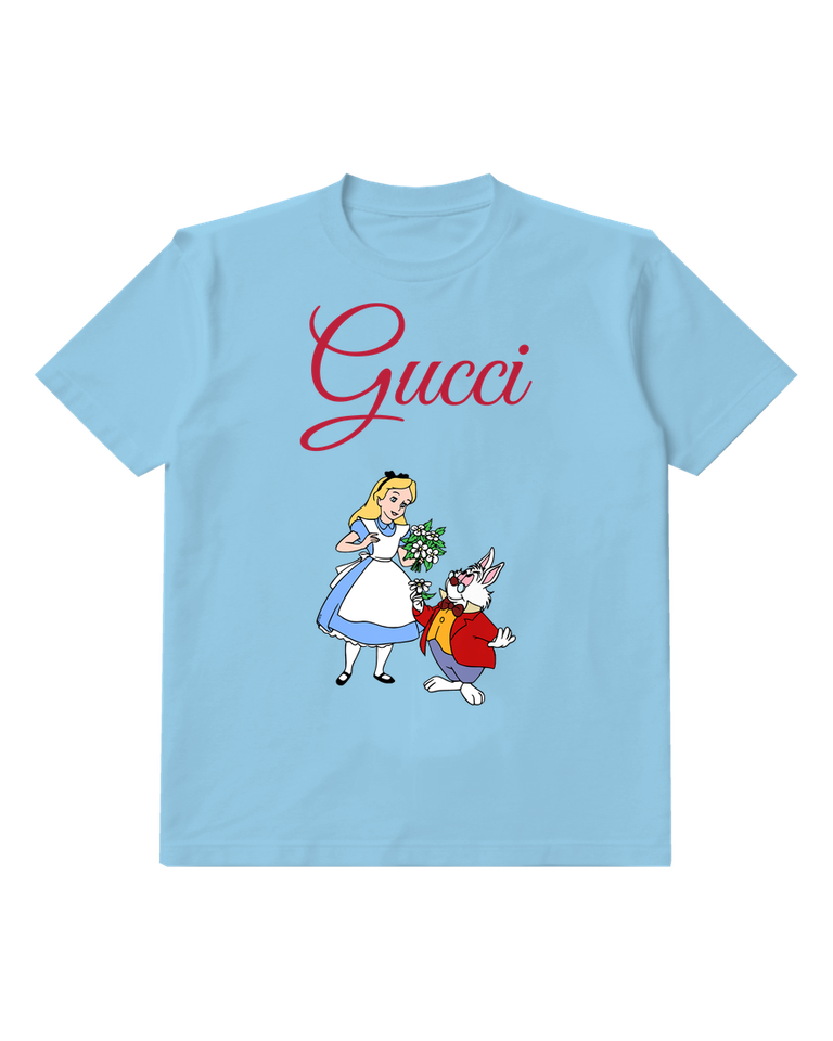 Sky Blue White Rabbit Offers Flowers To Alice Graphic T-Shirt - front product view