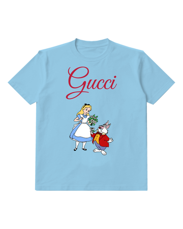 Sky Blue White Rabbit Offers Flowers To Alice Graphic T-Shirt - front product view
