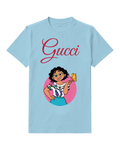 Sky Blue Curly Haired Girl Pink Circle Graphic T-Shirt - front product view