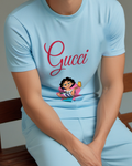 Sky Blue Curly Haired Girl Pink Circle Graphic T-Shirt - model wearing view
