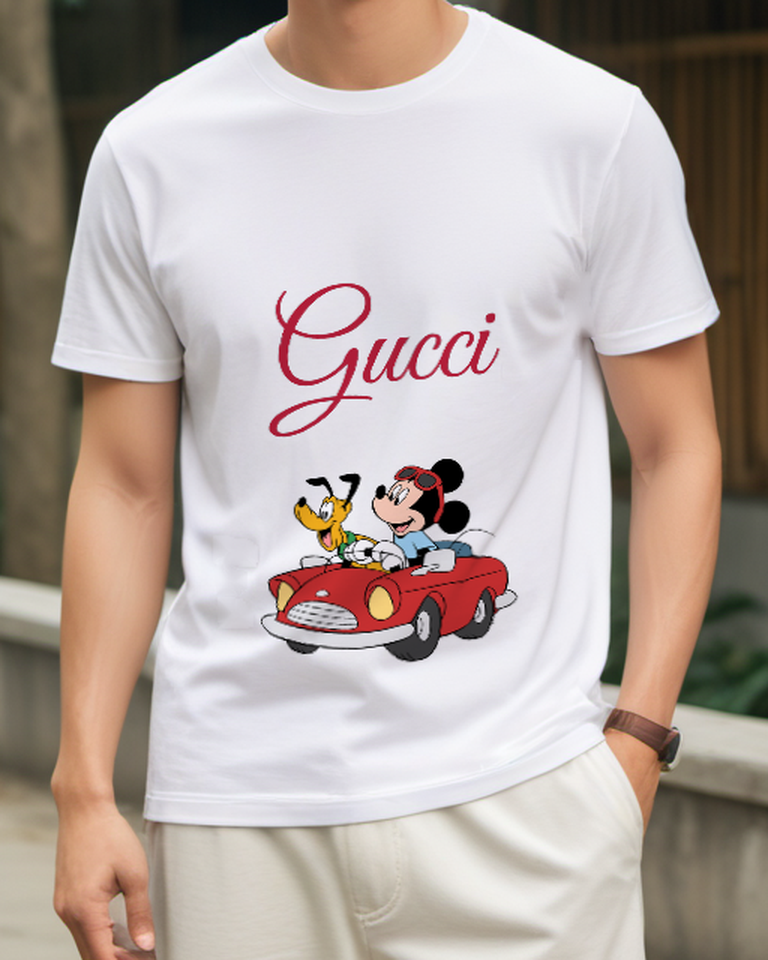 White Mickey And Pluto In Red Convertible Graphic T-Shirt - model wearing view