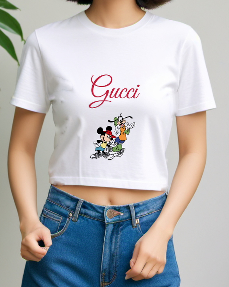 White Mickey And Goofy Dancing Together Graphic T-Shirt - model wearing view