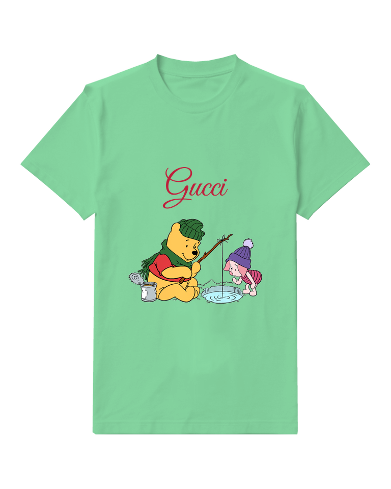 Sage Green Pooh Ice Fishing In Snow Graphic T-Shirt - front product view