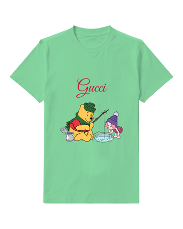 Sage Green Pooh Ice Fishing In Snow Graphic T-Shirt - front product view