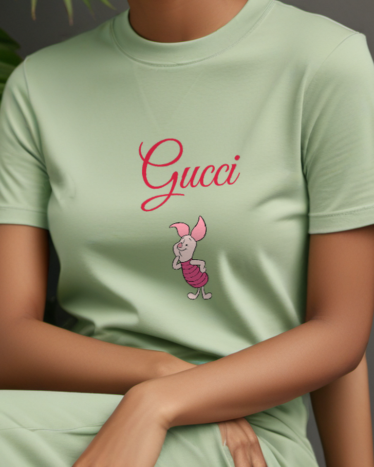 Olive Green Piglet Upright Smile Graphic T-Shirt - front product view