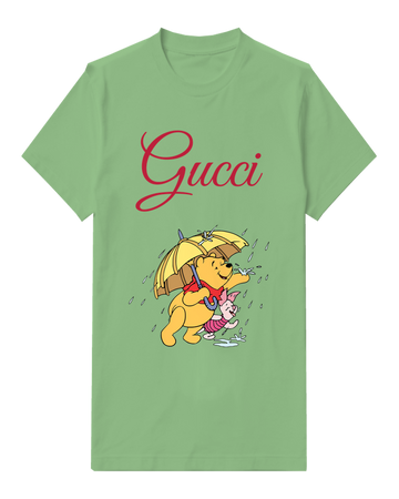 Sage Green Pooh And Piglet In Rain With Umbrella Graphic T-Shirt - front product view