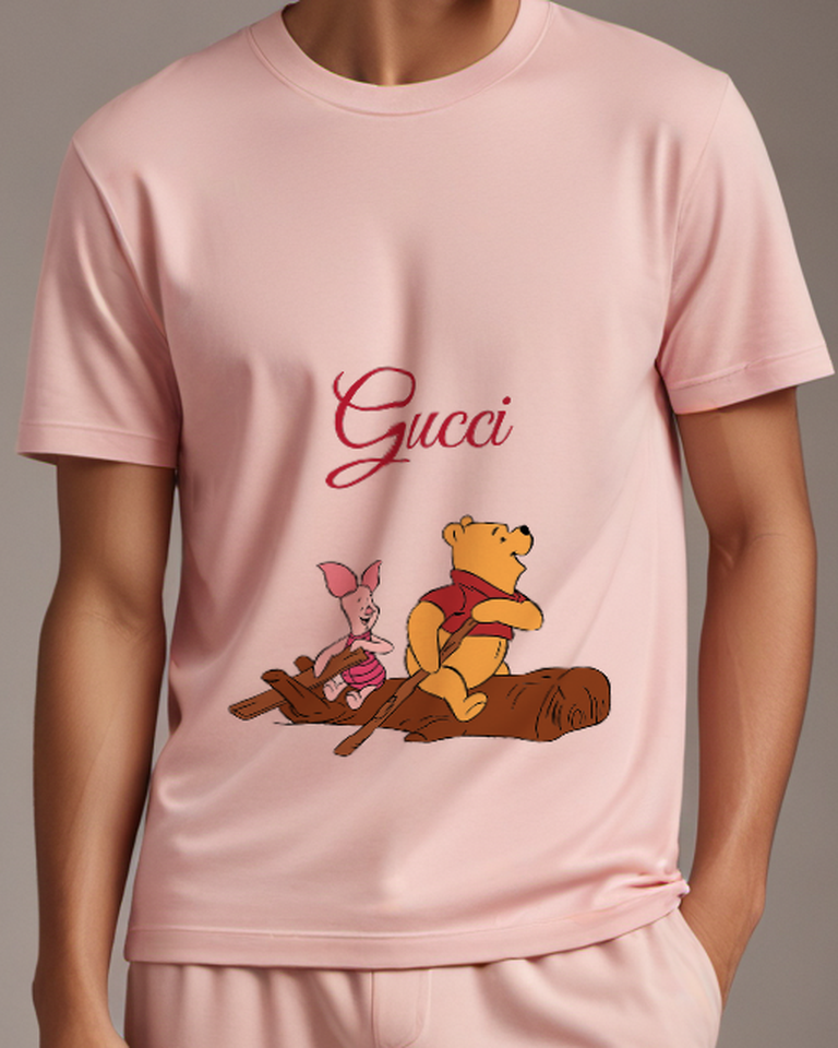 Blush Pink Piglet And Pooh Rowing Together Graphic T-Shirt - model wearing view
