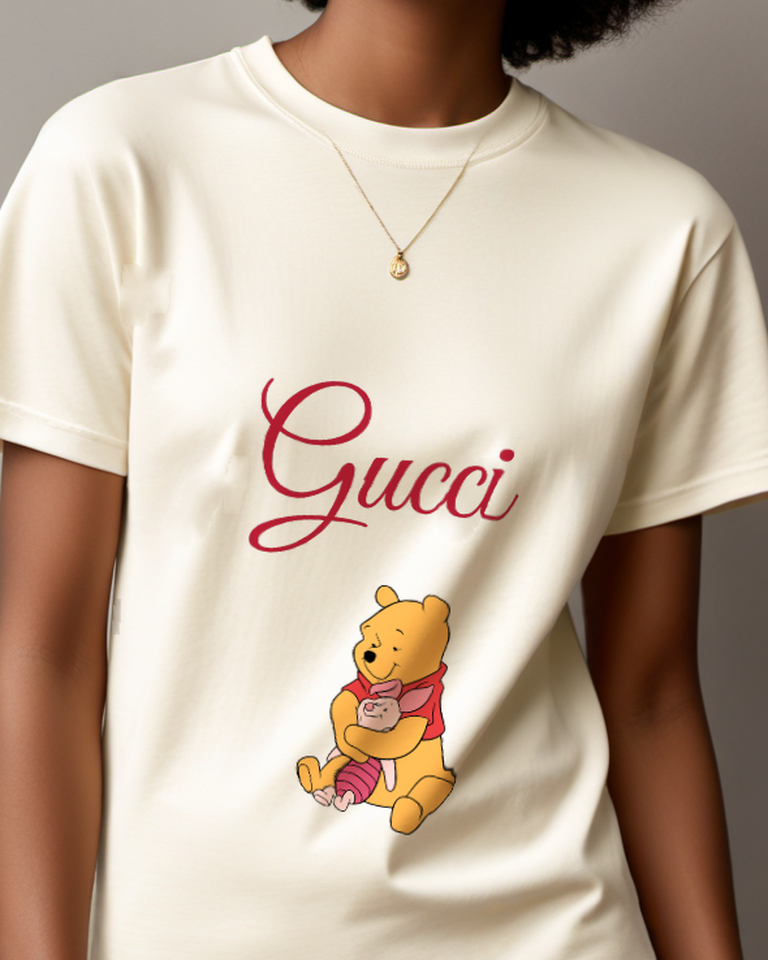 Ivory Pooh Hugging Piglet Warmly Graphic T-Shirt - model wearing view