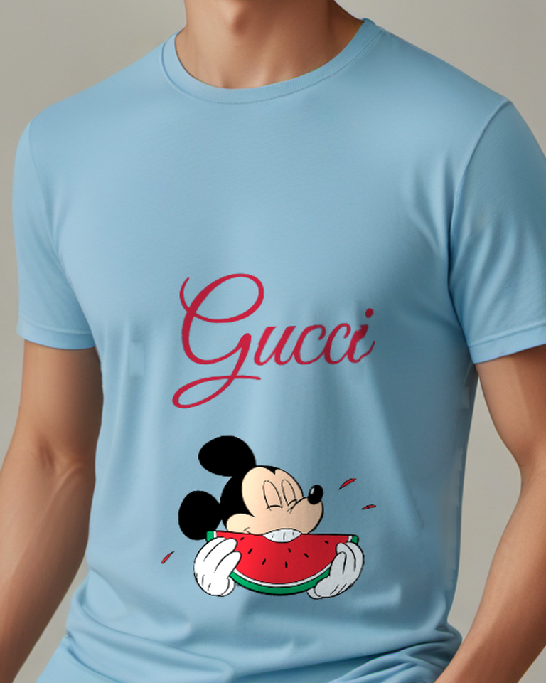 Sky Blue Mouse Watermelon Bite Graphic T-Shirt - model wearing view