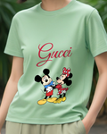 Sage Green Mickey And Minnie Embracing Warmly Graphic T-Shirt - model wearing view