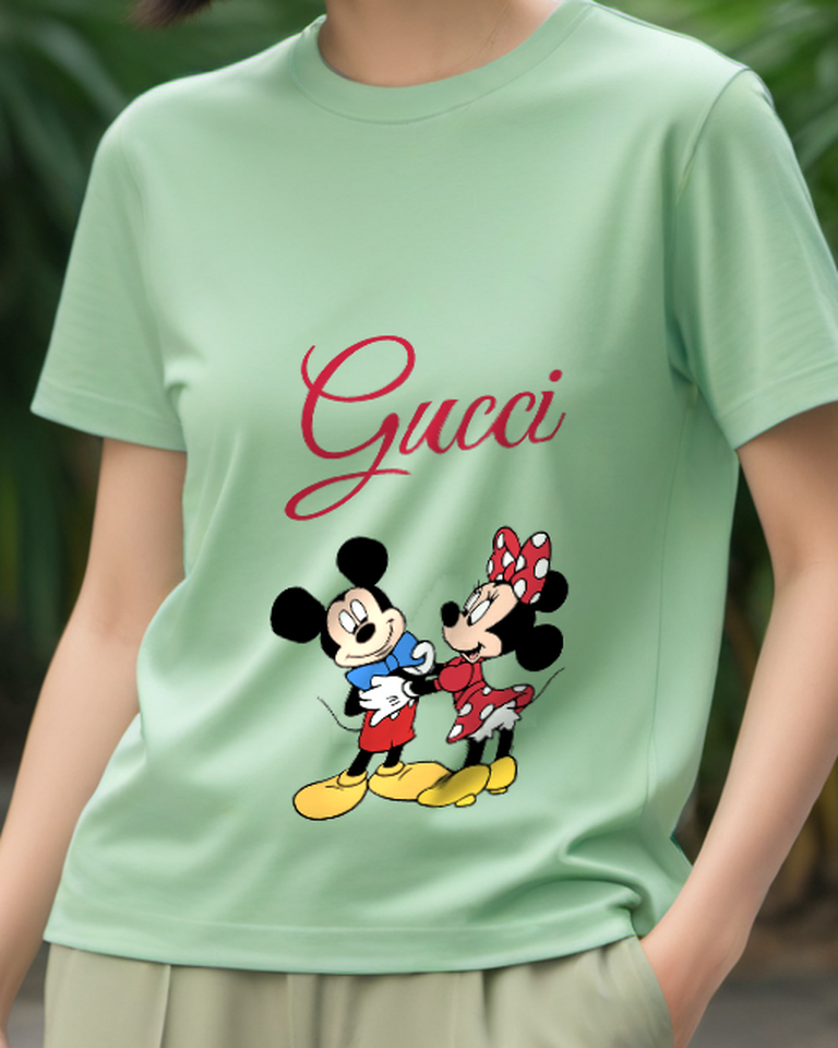 Sage Green Mickey And Minnie Embracing Warmly Graphic T-Shirt - model wearing view
