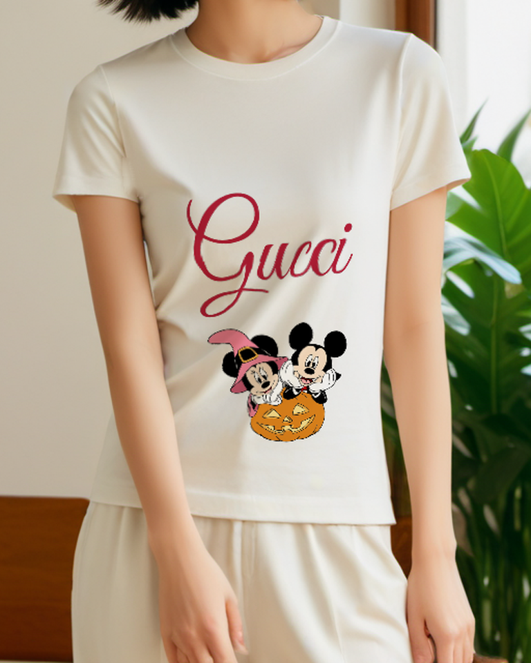 Light Gray Mickey And Minnie On Pumpkin Graphic T-Shirt - model wearing view