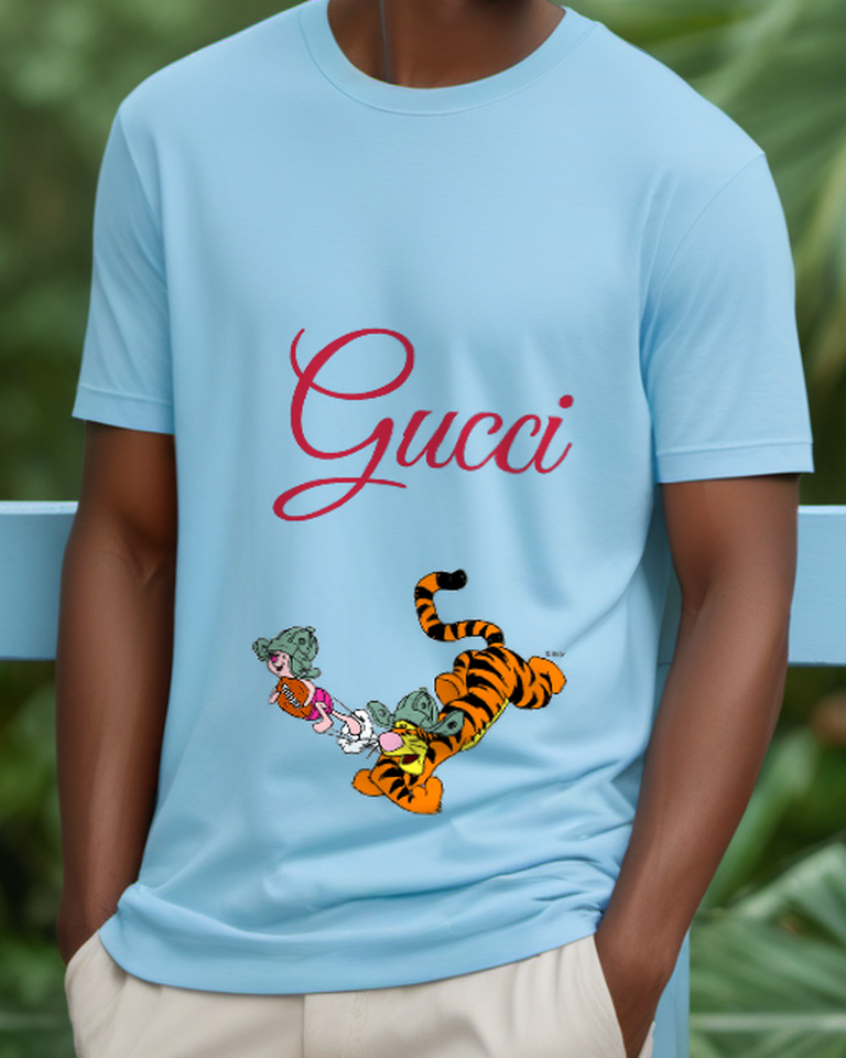 Sky Blue Tigger And Piglet In Playful Chase Graphic T-Shirt - model wearing view