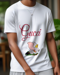 Pale Lavender Dumbo Sitting With Mouse On Head Graphic T-Shirt - model wearing view